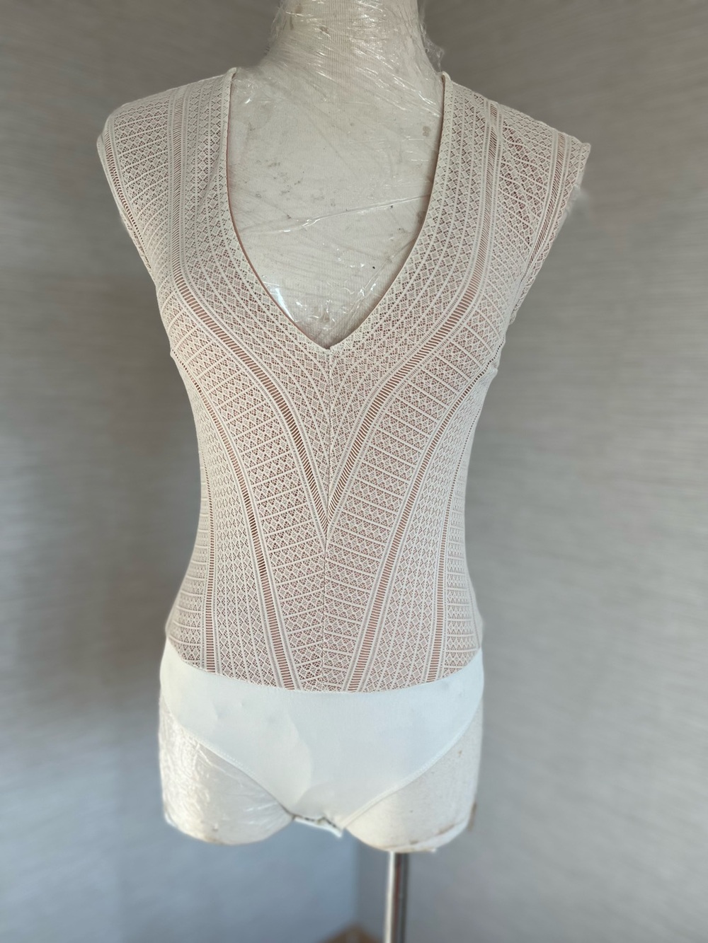 Dynamite V-Neck Lace Bodysuit in Blush and White